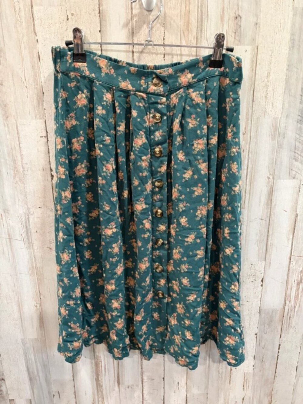Eagle Teal Floral Button Front Pleated Midi Skirt Medium Boho Cottagecore
